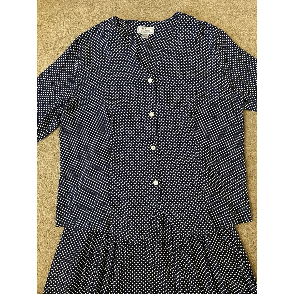 Vintage Lee David 80’s Skirt Suit Set Navy White Polka Dot Grandmacore Size 20W - Picture 2 of 16